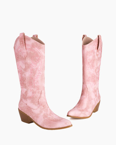 Gradient Pink Embroidered Mid Calf Western Boots