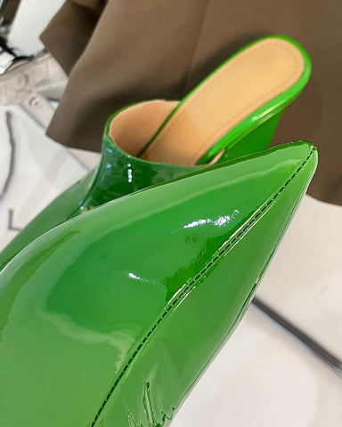 Patent Leather Wedge Low Heel Slip On Mules