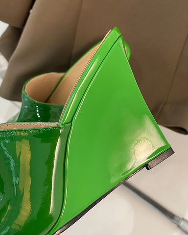 Patent Leather Wedge Low Heel Slip On Mules