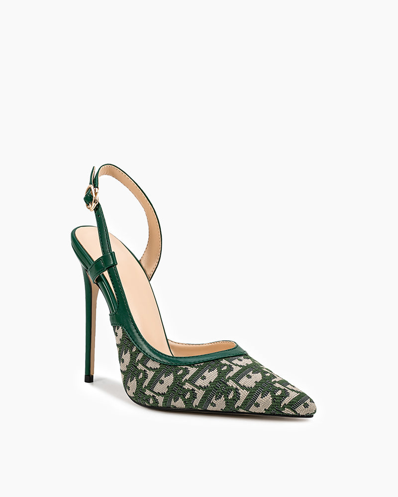 Green Print Pointed Toe Slingback High Heel Pumps