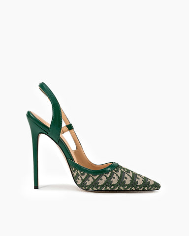 Green Print Pointed Toe Slingback High Heel Pumps