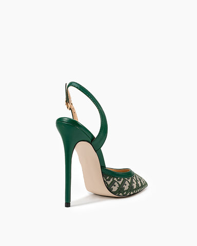 Green Print Pointed Toe Slingback High Heel Pumps