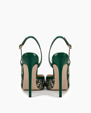 Green Print Pointed Toe Slingback High Heel Pumps