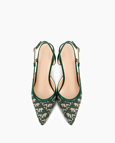 Green Print Pointed Toe Slingback High Heel Pumps