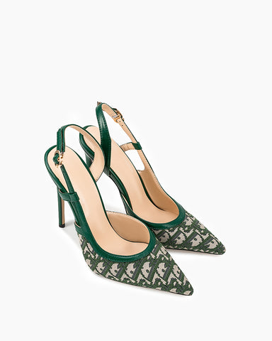 Green Print Pointed Toe Slingback High Heel Pumps