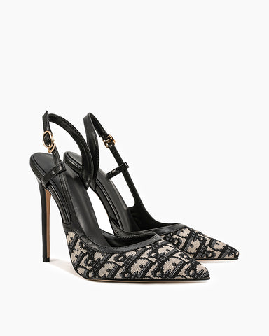 Green Print Pointed Toe Slingback High Heel Pumps