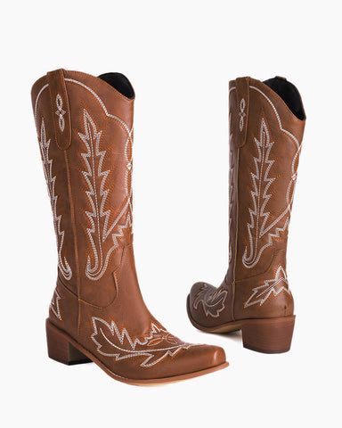 Denim Embroidered Pattern Western Boots