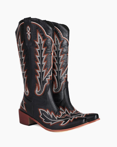 Denim Embroidered Pattern Western Boots