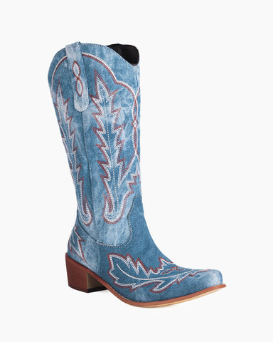 Denim Embroidered Pattern Western Boots