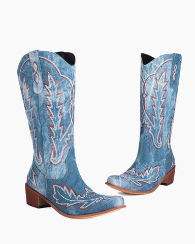 Denim Embroidered Pattern Western Boots