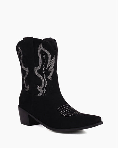 Suede Embroidered Western Rodeo Ankle Boots