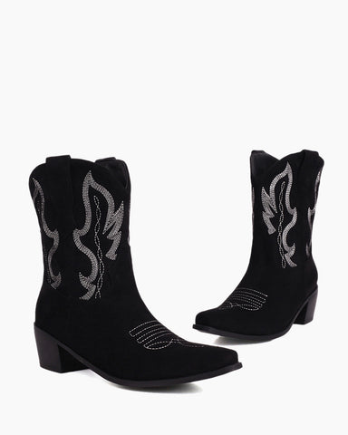 Suede Embroidered Western Rodeo Ankle Boots