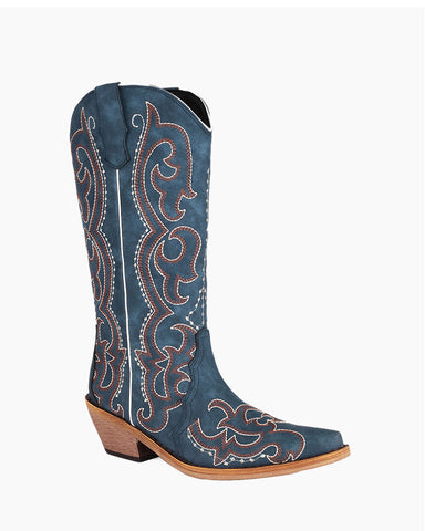 Blue Western Embroidered Mid High Boots