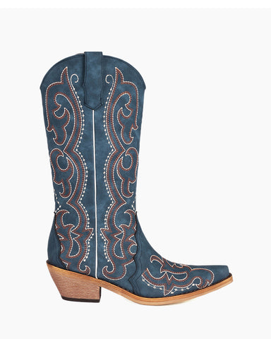 Blue Western Embroidered Mid High Boots