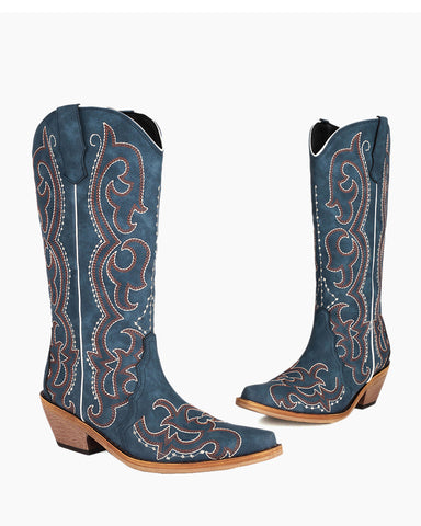 Blue Western Embroidered Mid High Boots