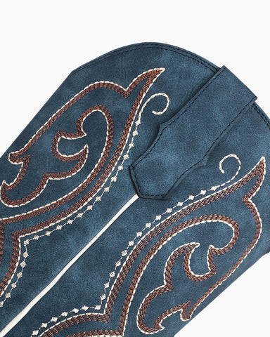 Blue Western Embroidered Mid High Boots