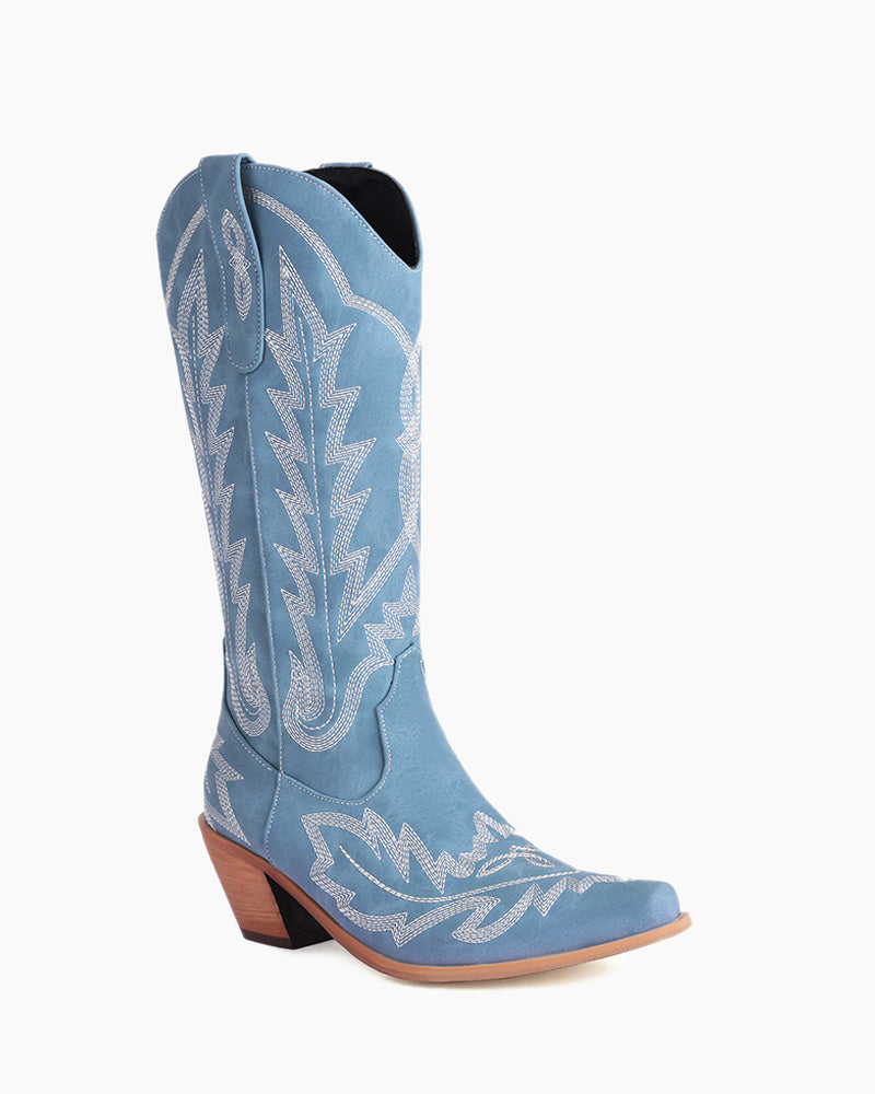 Wide Calf Embroidered Western Chunky Heel Boots