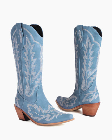 Wide Calf Embroidered Western Chunky Heel Boots