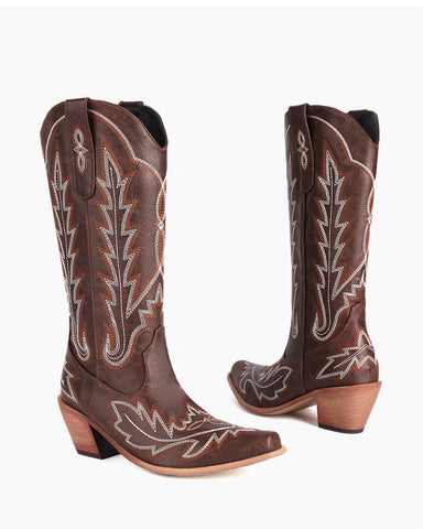 Wide Calf Embroidered Western Chunky Heel Boots