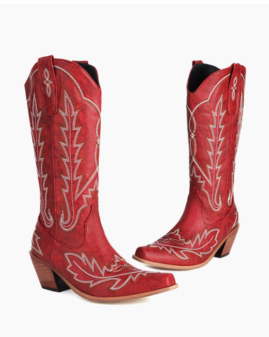 Wide Calf Embroidered Western Chunky Heel Boots