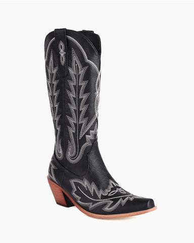 Wide Calf Embroidered Western Chunky Heel Boots