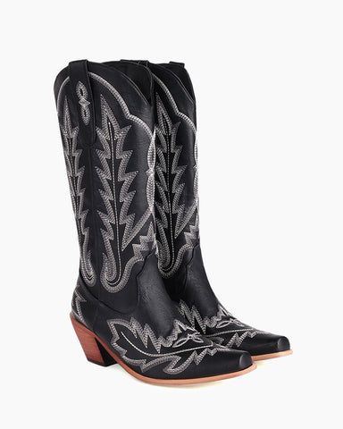 Wide Calf Embroidered Western Chunky Heel Boots