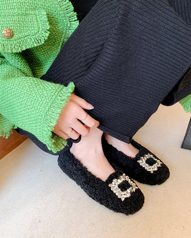 Rhinestone Square Buckle Lambswool Slip On Loafers