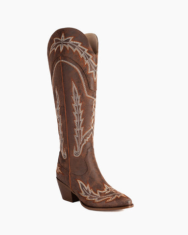 Embroidered Knee High Cowgirl Western Chunky Heel Boots