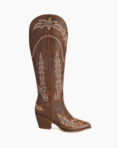 Embroidered Knee High Cowgirl Western Chunky Heel Boots