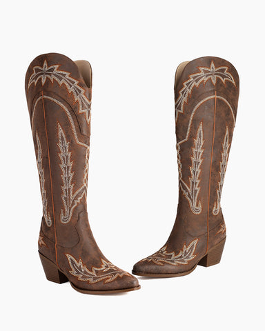 Embroidered Knee High Cowgirl Western Chunky Heel Boots