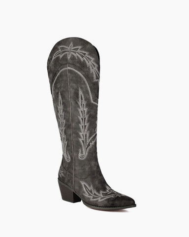 Embroidered Knee High Cowgirl Western Chunky Heel Boots