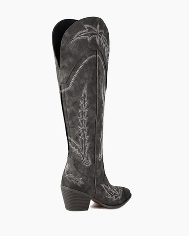 Embroidered Knee High Cowgirl Western Chunky Heel Boots