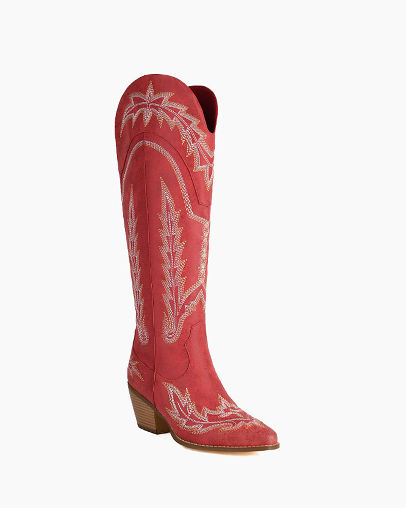 Embroidered Knee High Cowgirl Western Chunky Heel Boots