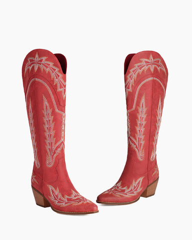 Embroidered Knee High Cowgirl Western Chunky Heel Boots