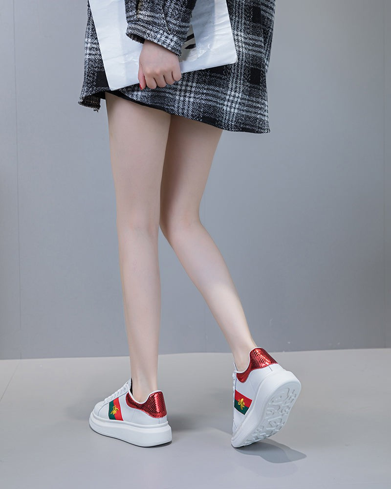 Bee-Embroidered-Red-and-Green-Striped-Sneakers