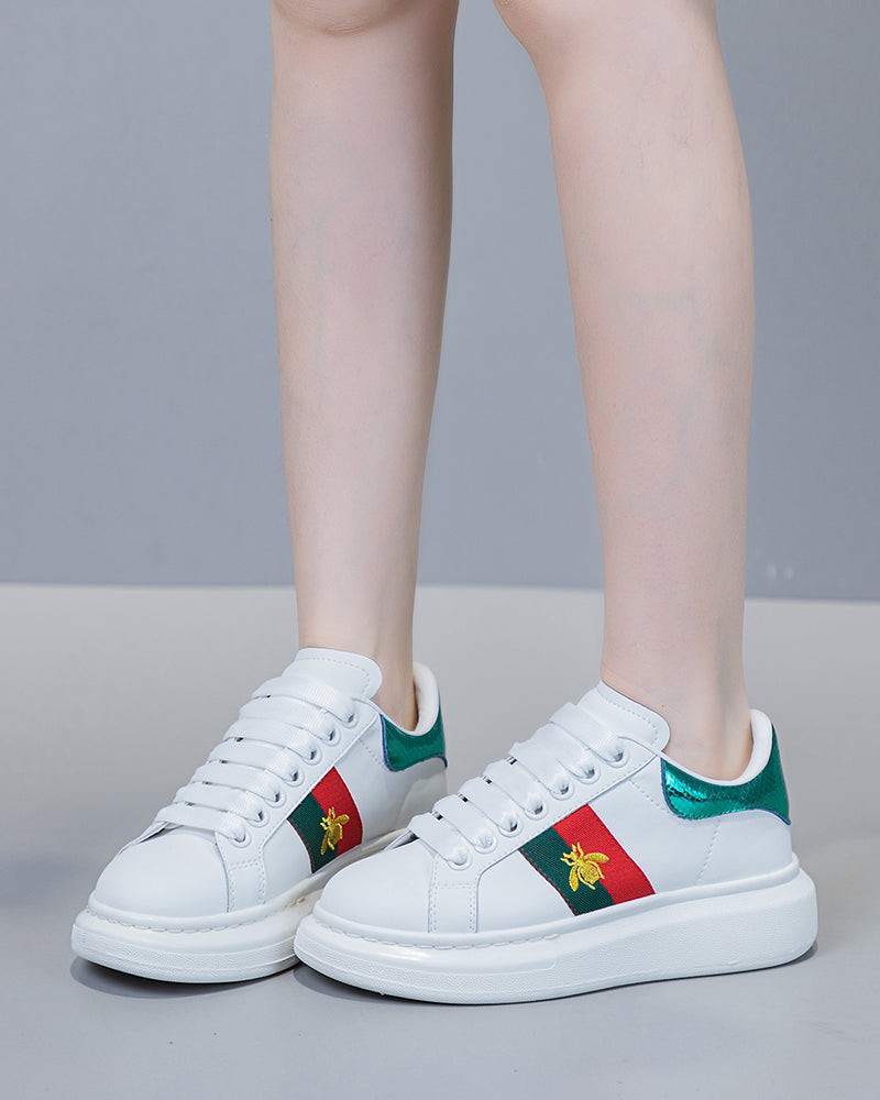 Bee-Embroidered-Red-and-Green-Striped-Sneakers