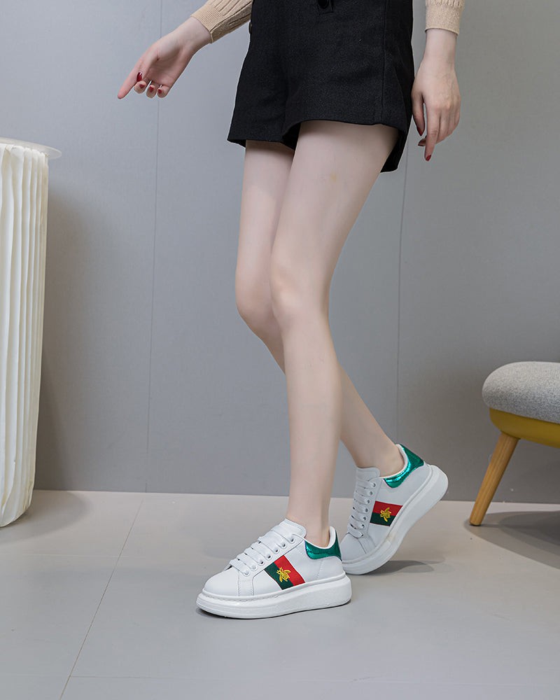 Bee-Embroidered-Red-and-Green-Striped-Sneakers