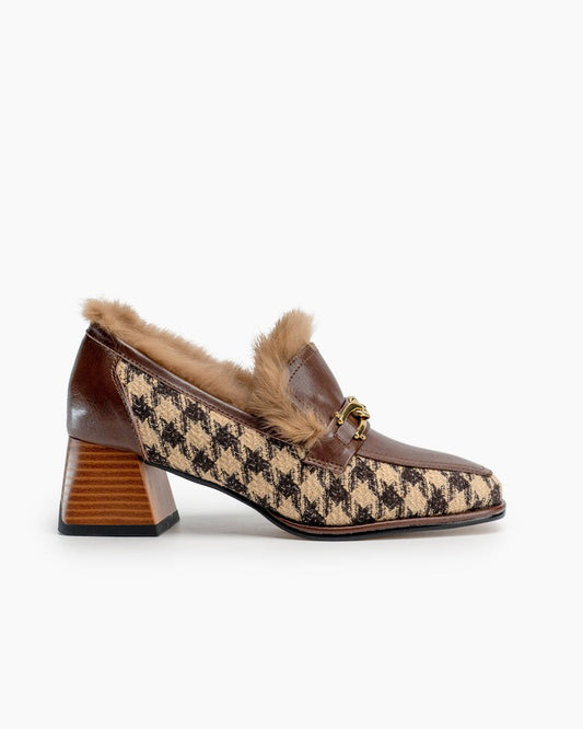 Houndstooth-Chunky-Heel-Fur-Chainlink-Loafers