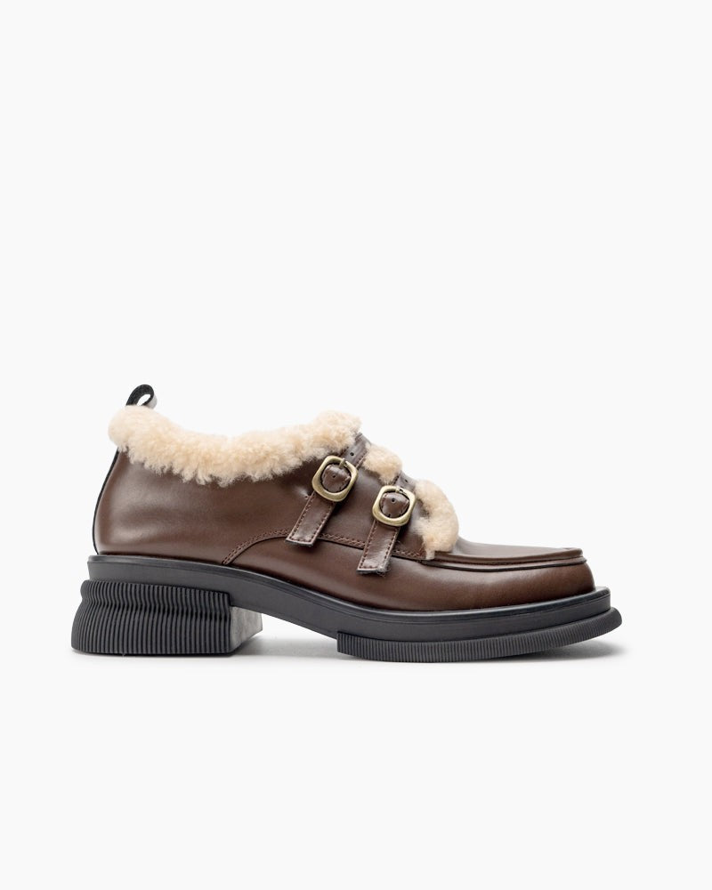 Adjustable Buckles Fur Lined Chunky Platform Loafers