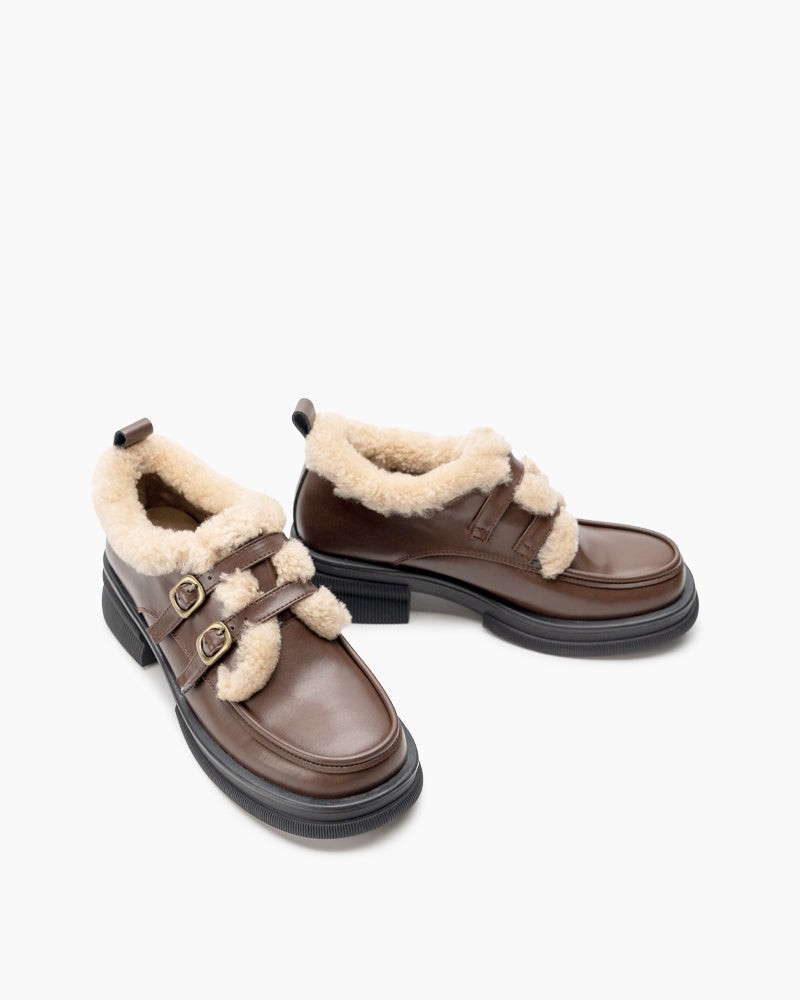 Adjustable Buckles Fur Lined Chunky Platform Loafers