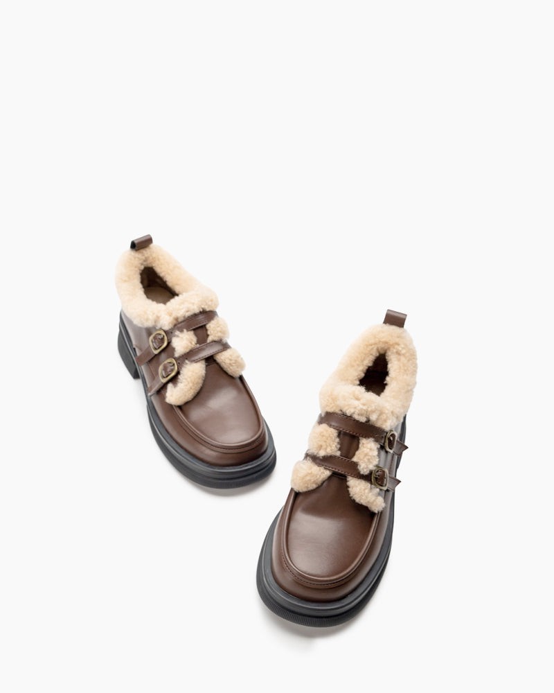 Adjustable Buckles Fur Lined Chunky Platform Loafers