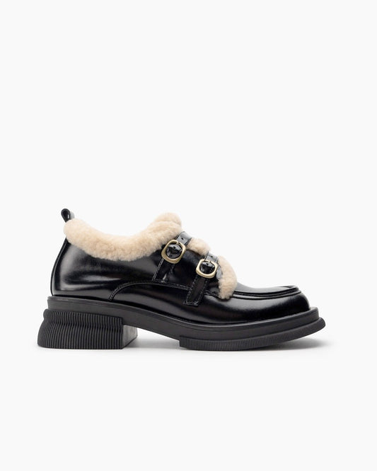 Adjustable Buckles Fur Lined Chunky Platform Loafers