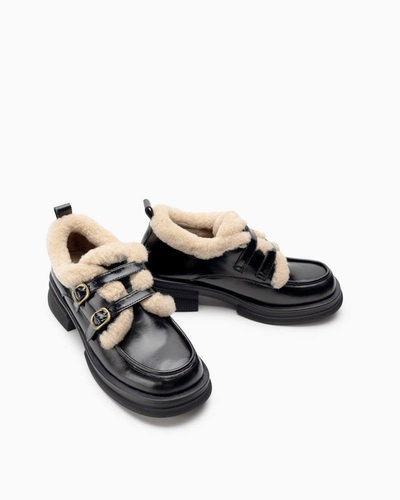 Adjustable Buckles Fur Lined Chunky Platform Loafers