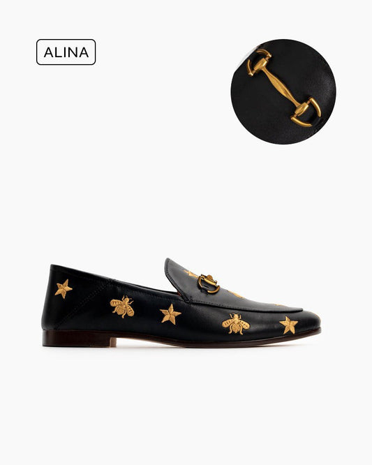 Alina Bee and Star Embroidery Leather Loafers