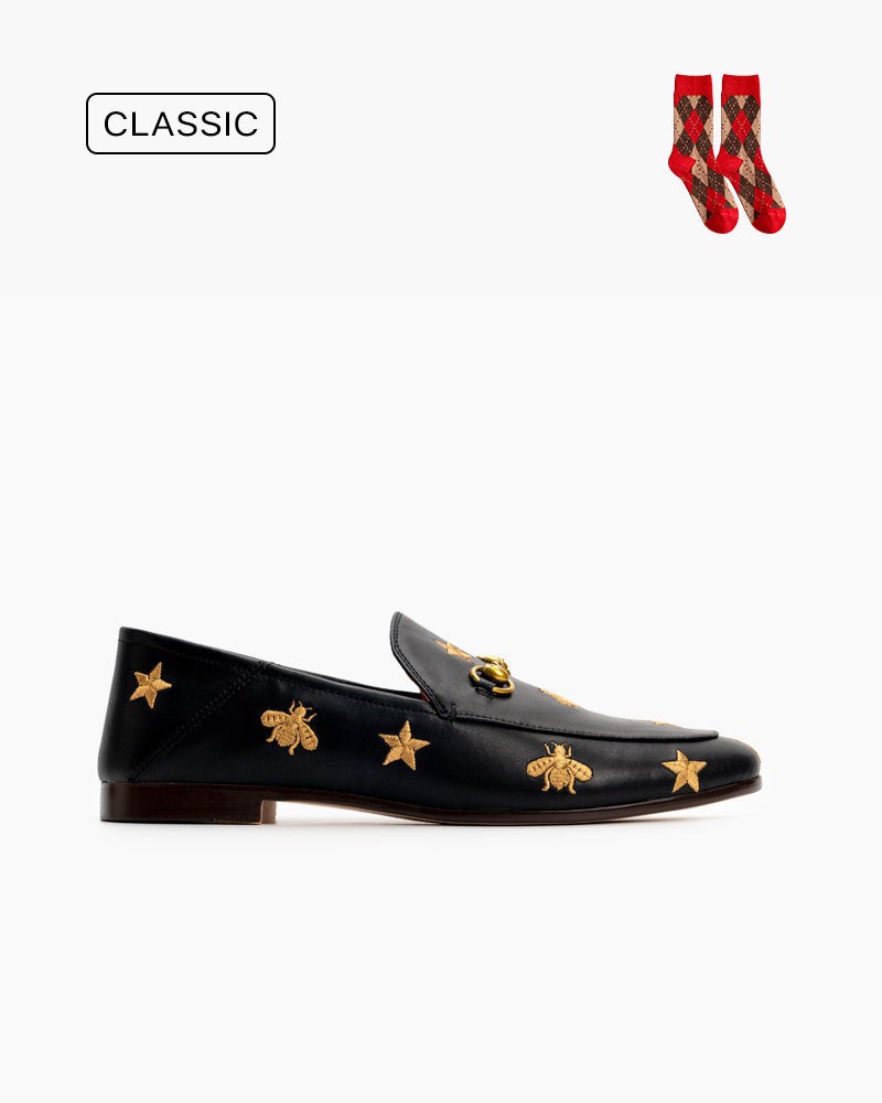 Classic Metal Buckle Bee and Star Leather Loafers