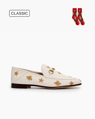 Classic Metal Buckle Bee and Star Leather Loafers