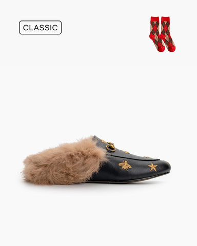 Classic Metal Buckle Bee Star Embroidered Furry Fur Slip on Mules