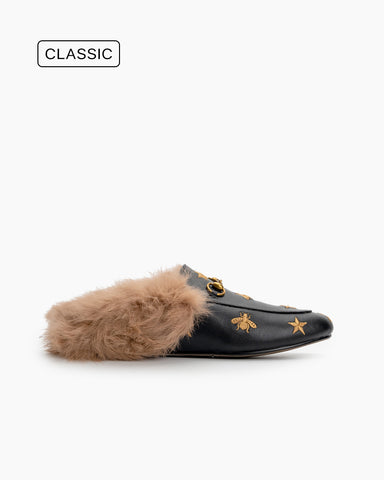 Classic Metal Buckle Bee Star Embroidered Furry Fur Slip on Mules