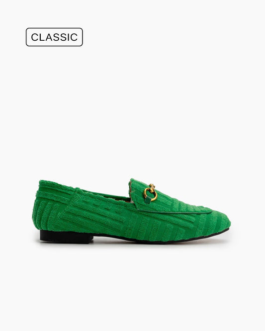 Classic Metal Buckle Green Lambswool Slip On Backless Loafers