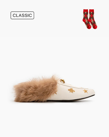 Classic Metal Buckle Bee Star Embroidered Furry Fur Slip on Mules